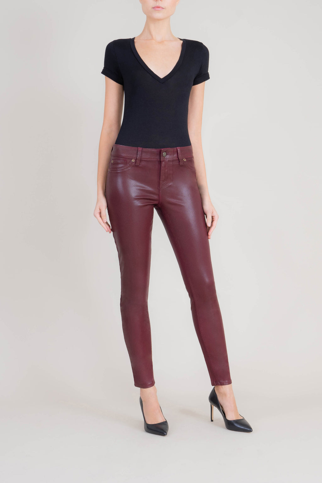 Liza Midrise Burgundy Lux Coated Skinny - level99jeans