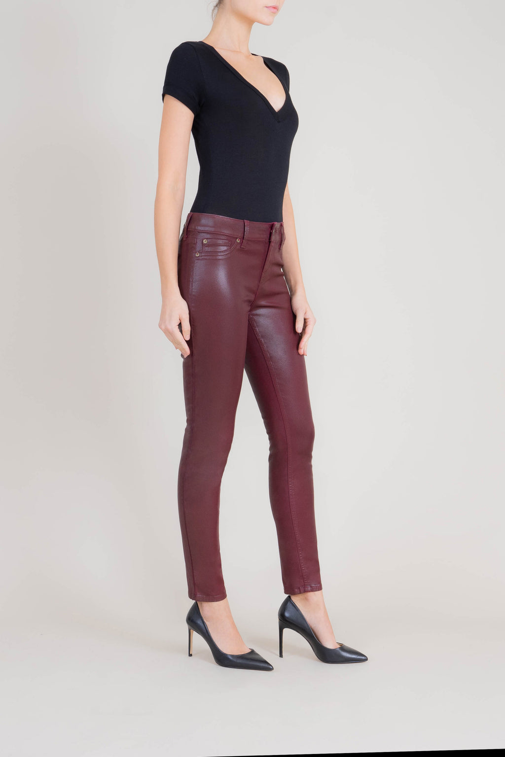 Liza Midrise Burgundy Lux Coated Skinny - level99jeans