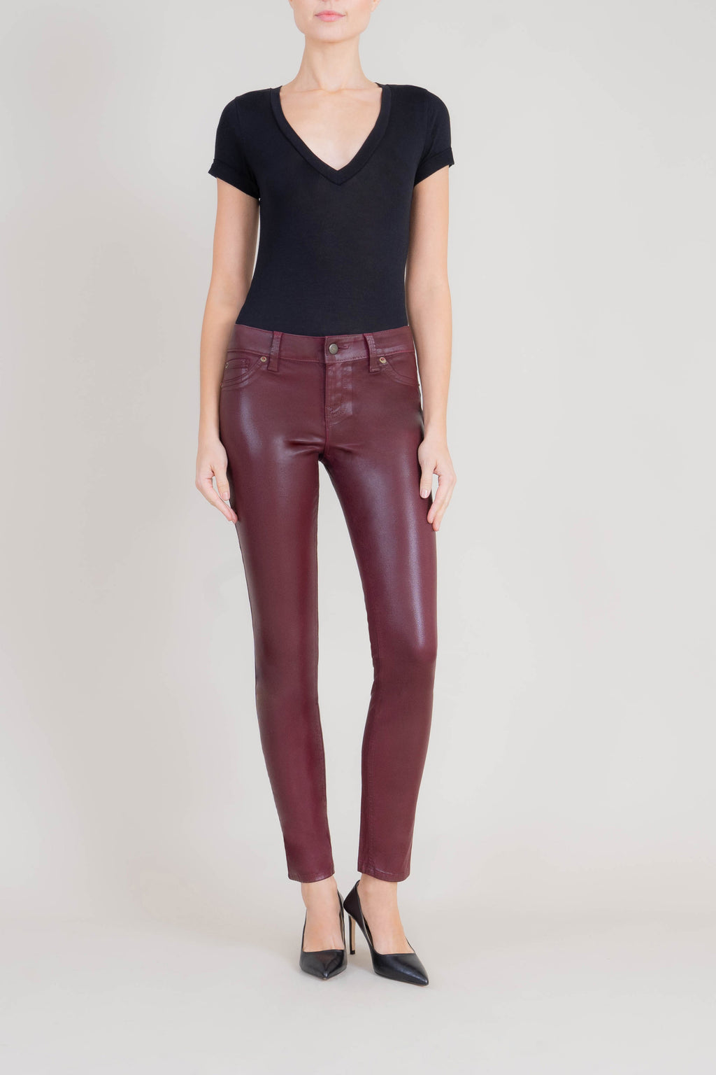 Liza Midrise Burgundy Lux Coated Skinny - level99jeans