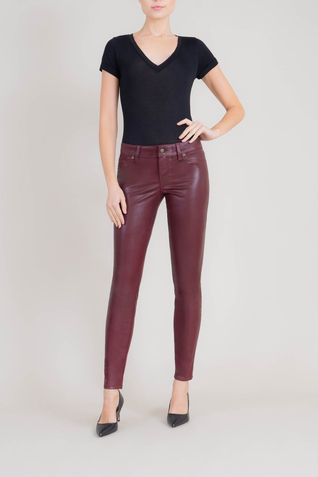 Liza Midrise Burgundy Lux Coated Skinny - level99jeans
