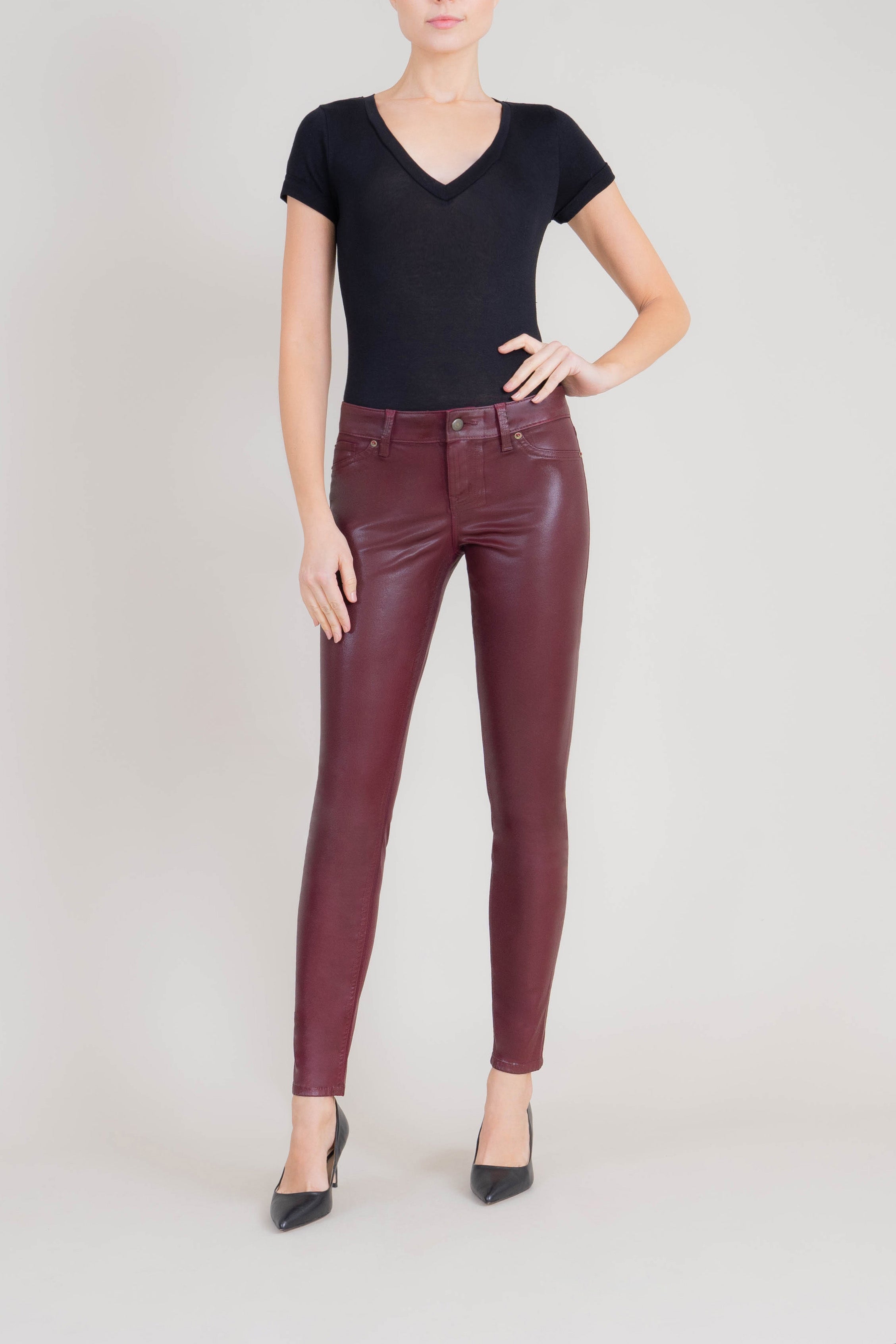Liza Midrise Burgundy Lux Coated Skinny - level99jeans