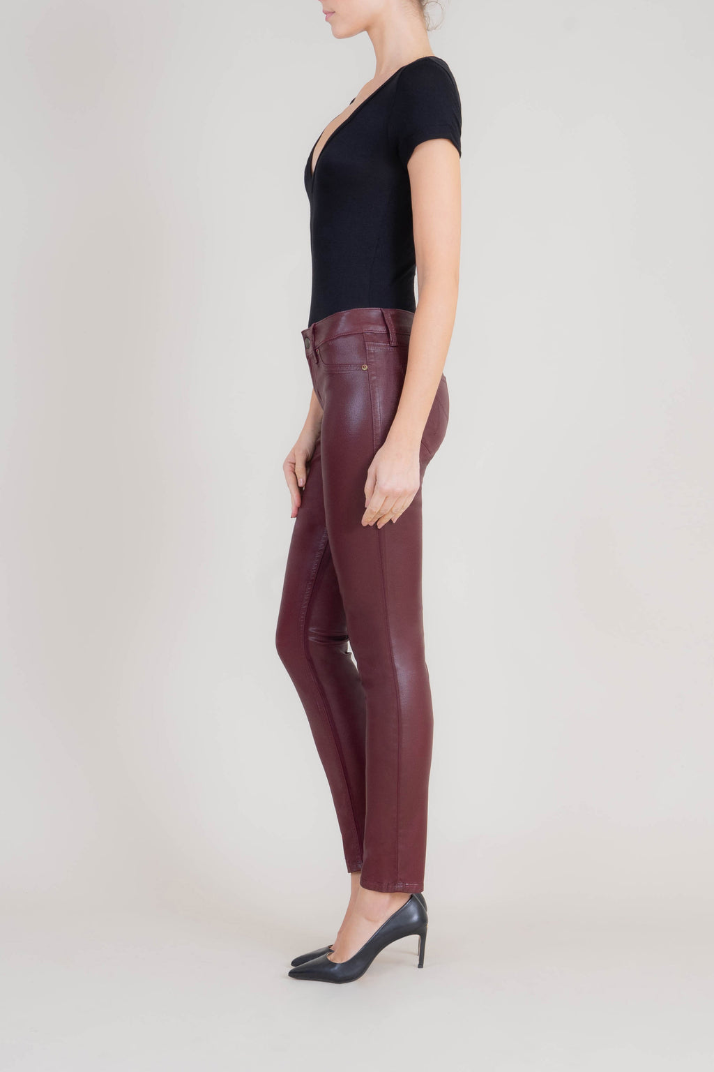 Liza Midrise Burgundy Lux Coated Skinny - level99jeans