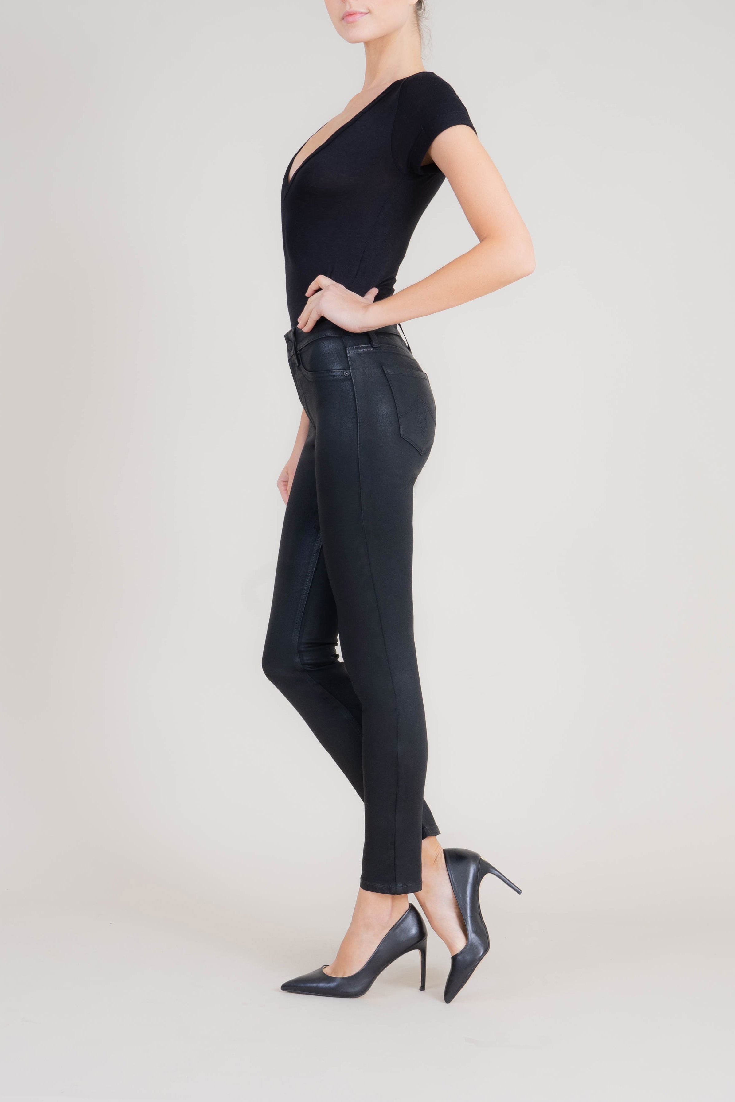 Liza Midrise Black Lux Coated Skinny - level99jeans