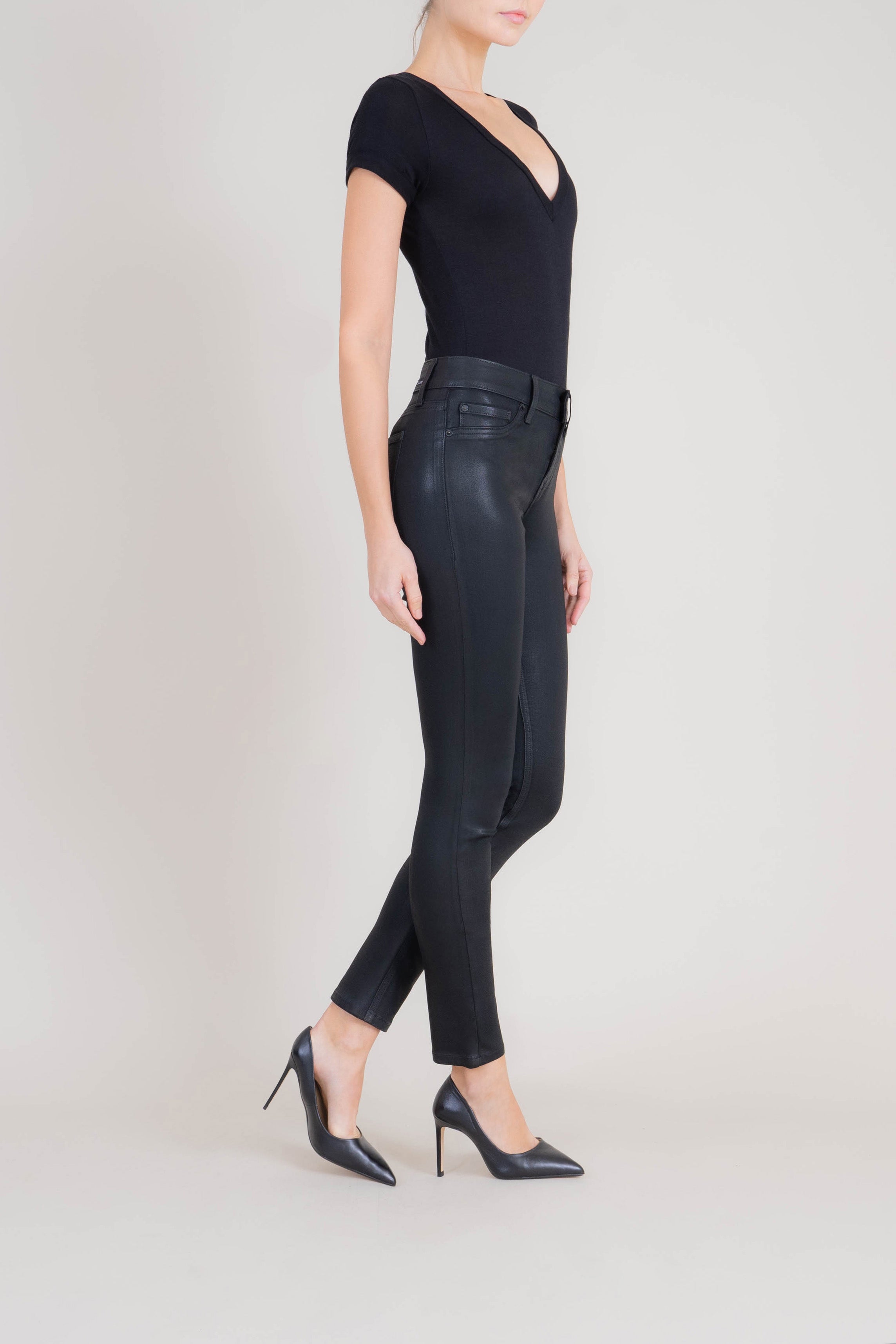 Liza Midrise Black Lux Coated Skinny - level99jeans